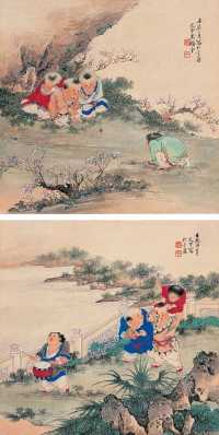 吴光宇 壬辰（1952年）作 婴戏图对屏 立轴